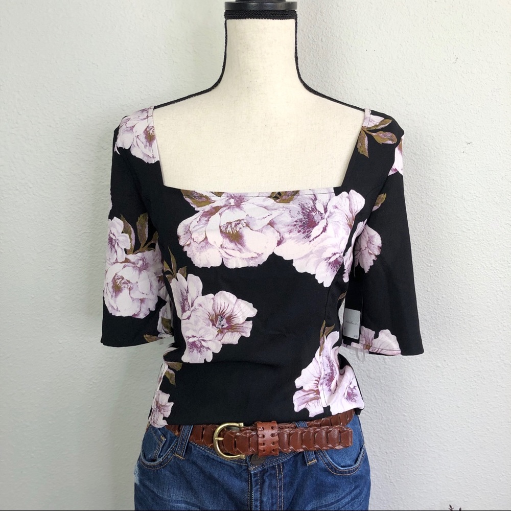 Free Press Floral Smocked Square Neck Cropped Top